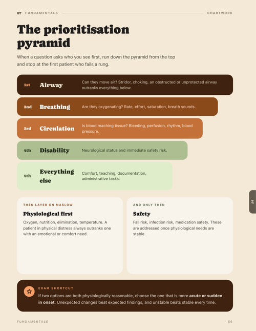 Sample page: the prioritisation pyramid — airway, breathing, circulation, disability, then everything else
