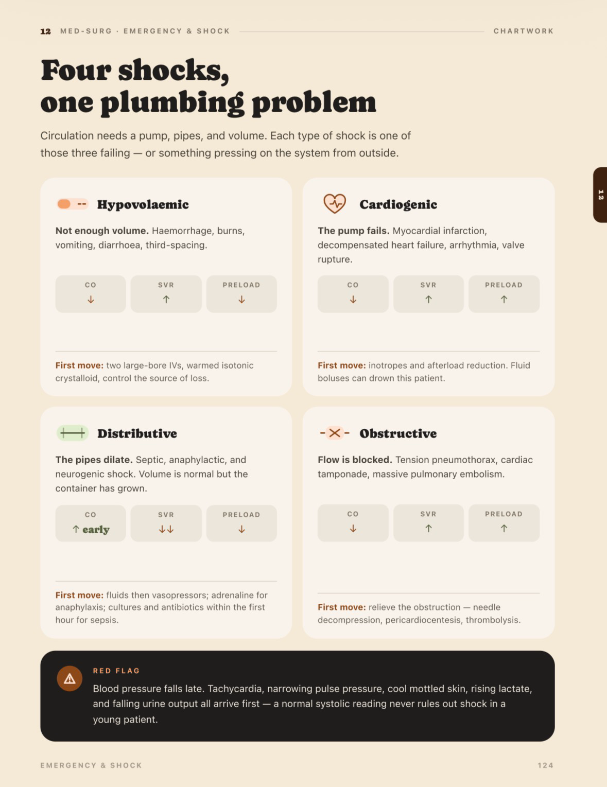 Sample page: four types of shock — hypovolaemic, cardiogenic, distributive and obstructive